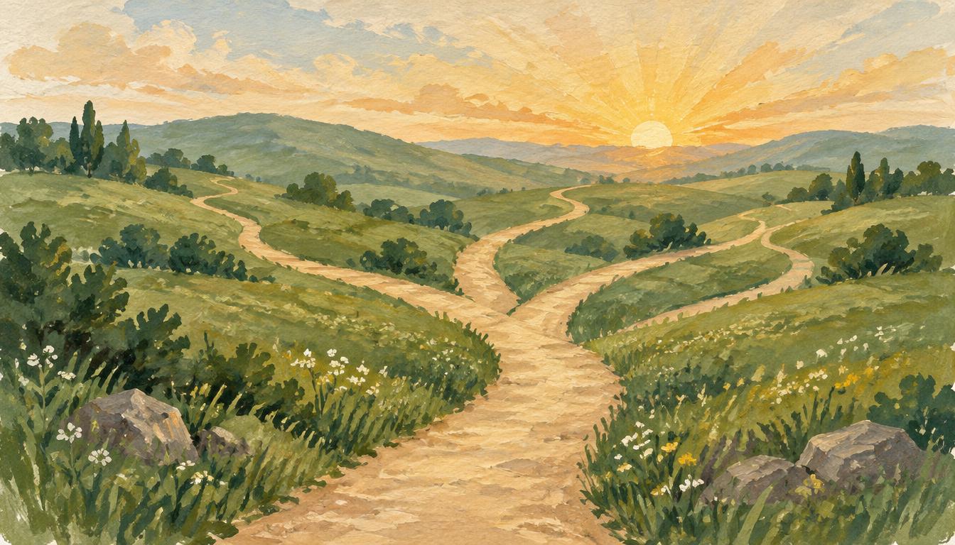 A hand-painted illustration of a path through green hills toward a warm sunrise
